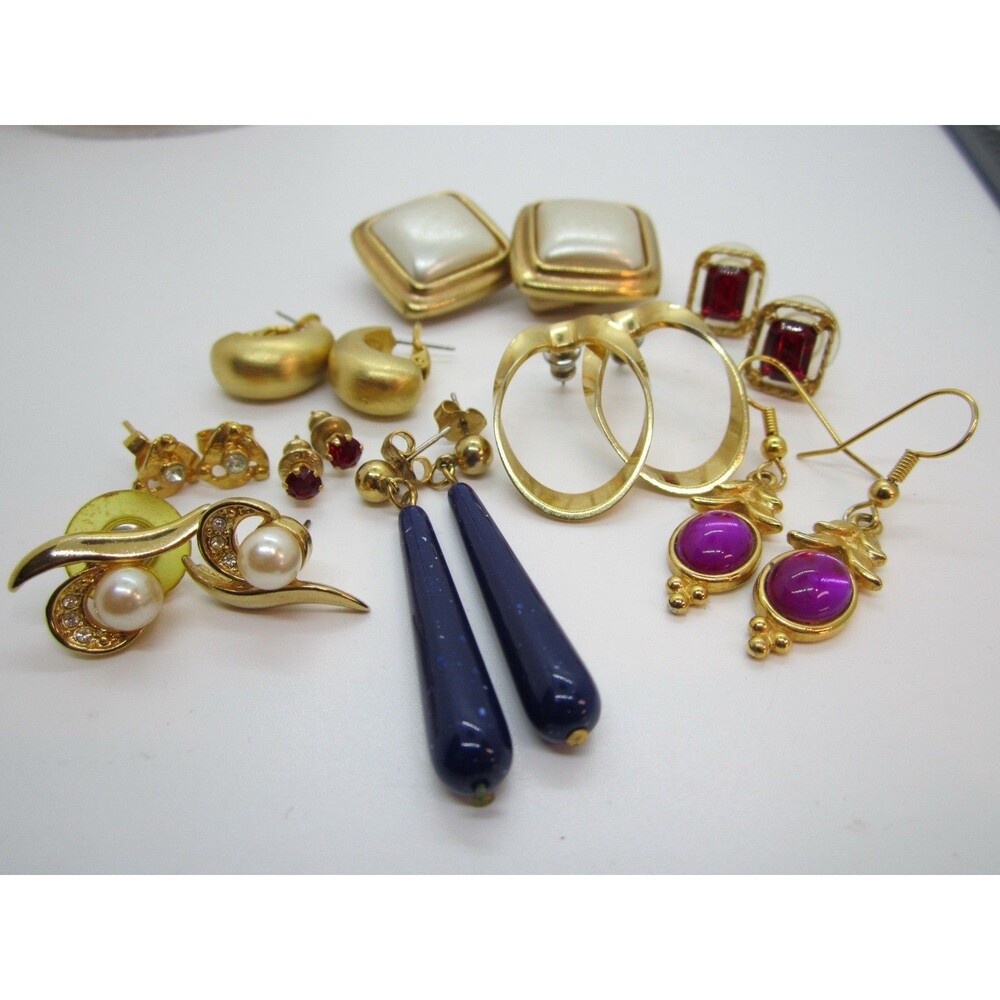 Vintage Earrings Lot 10 Pairs Gold Tone Rhinestone Faux Pearl Hoops Dangle